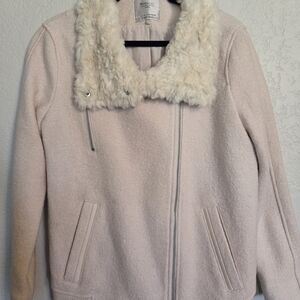 Zara Blush Pink Wool Women's  Jacket with Faux Fur Collar